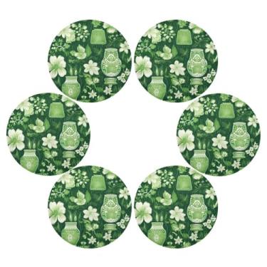 Imagem de Wassud Jogo americano conjunto de 6 vasos de flores verdes e brancos tapetes de mesa redondos para cozinha e jantar tapetes laváveis resistentes ao calor decoração de mesa 39 cm