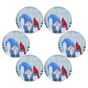 Imagem de Wassud Jogo americano conjunto de 6 tapetes redondos de gnomo e pássaro para cozinha e jantar tapetes laváveis resistentes ao calor para decoração de mesa 39 cm