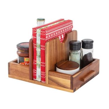Imagem de Porta-guardanapos para mesa de madeira de acácia Suporte de guardanapo para cozinha com função de armazenamento para organizar saleiros e pimenteiros, dispensador de guardanapos para decoração sala de