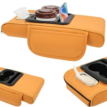 Imagem de Almofada de console central de carro, tapete multifuncional 5 em 1 de couro PU para caixa de apoio de braço para carro, 2 porta-copos, suporte de telefone, organizador de lenços e 2 sacos de