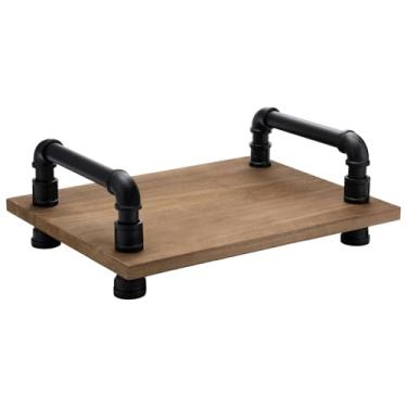 Imagem de LemonRoad Bandeja de madeira de estilo industrial com alças grande de 43 x 33 cm, bandeja decorativa para cozinha otomana, embalagem steampunk para mesa de café, café da manhã, jantar, sala de estar e