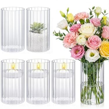 Imagem de Ninehaoou 6 peças de vasos cilíndricos com nervuras de vidro de 15 cm de altura, vaso de flores com vela flutuante transparente a granel, suporte de vela furacão para mesa de presente de inauguração