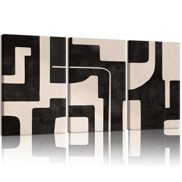 Imagem de RZIGERNO 3 peças de arte de parede abstrata em preto e branco moderna minimalista arte geométrica emoldurada impressão em tela 40,6 x 61 cm neutra estética decoração de parede pôster para sala de
