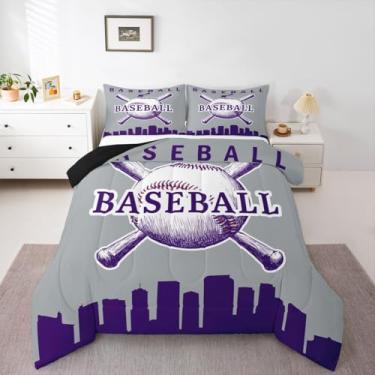 Imagem de Erosebridal Conjunto de edredom de beisebol, Queen, de softball, para crianças, adolescentes, adultos, decoração de quarto, jogos esportivos, (colorido), cinza e roxo