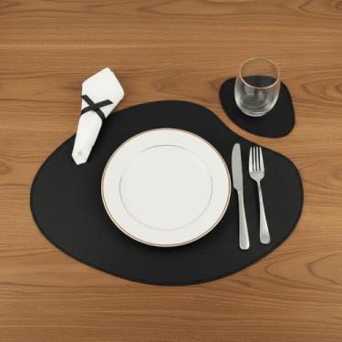 Imagem de Kit Jogo Americano Sousplat de Couro Sintético com Porta Copos para Mesa de Jantar – Jogo Americano Luxo Antiderrapante em Kits 2 4 6 8 Peças (Preto,8)