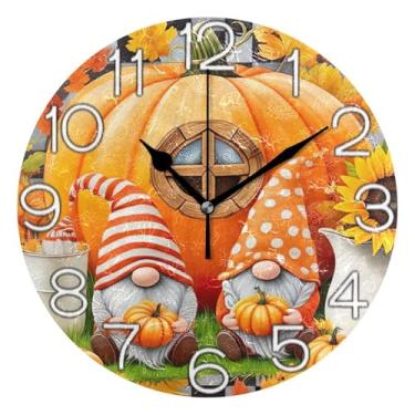 Imagem de Relógio de parede analógico decorativo quarto cozinha relógio redondo sem tique-taque silencioso, decoração de parede moderna casa de fazenda bonito outono abóbora gnomos, 25 cm, ponteiros pretos