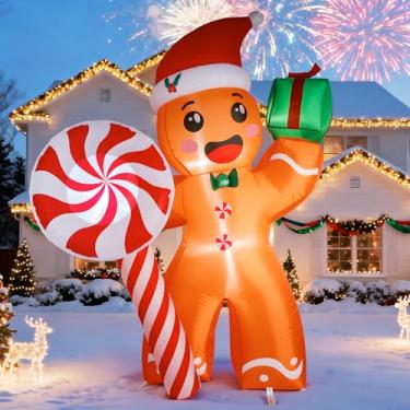 Imagem de Homem de gengibre inflável de Natal de 2,8 m, decorações de jardim infláveis de Natal com LED embutido, decorações de Natal infláveis ao ar livre para quintal, gramado, jardim