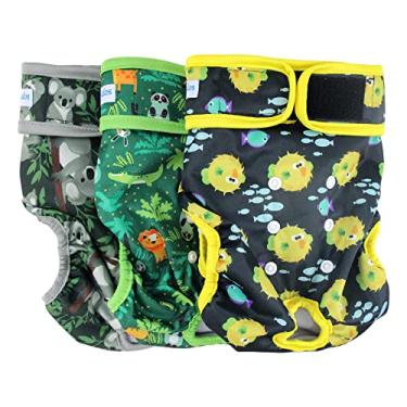 Imagem de Leekalos Fraldas reutilizáveis laváveis para cães femininas (pacote com 3) – Fraldas altamente absorventes para cachorros – Fraldas ajustáveis para filhotes de cachorro (grande, globefish)