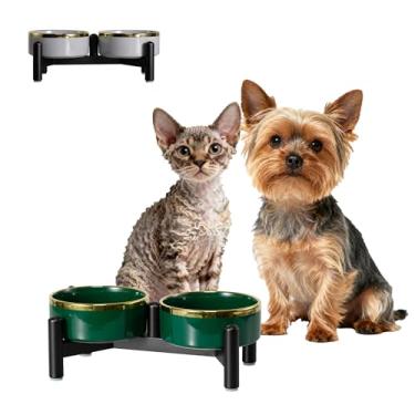 Imagem de Conjunto de tigelas de cerâmica elevada para cães – Pratos duplos com suporte de aço inoxidável – Tigelas de alimentação elevadas para gatos e cães pequenos – Conjunto de comida e água – 12,7 cm / 1,6