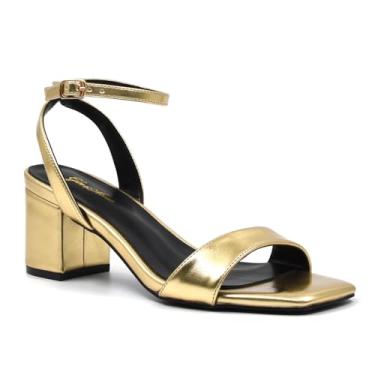 Imagem de GENSHUO Sandália feminina de salto baixo com tira no tornozelo, 5 cm, bico aberto, grosso, verão, elegante, festa, casamento, caminhada, trabalho, igreja, Dourado fosco, 39