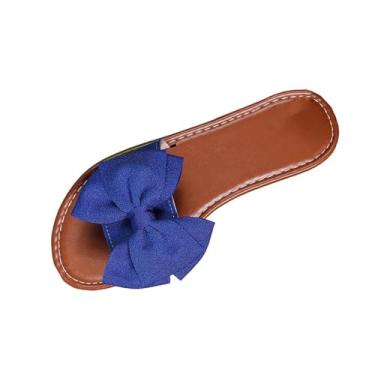 Imagem de Sandália feminina casual sem cadarço com detalhe de laço e sola plana, cabedal de tecido confortável, Azul royal, 35