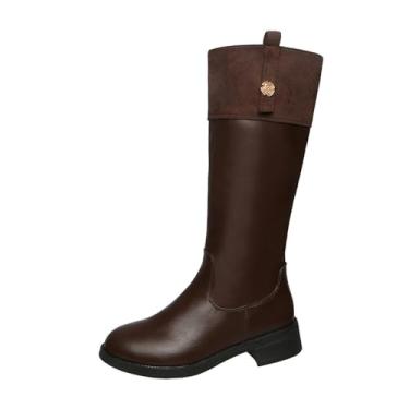 Imagem de Botas femininas cano alto inverno casual longo reto bico redondo zíper lateral salto baixo bloco, Marrom, 34