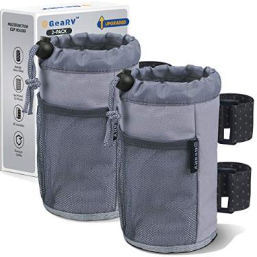 Imagem de GEARV Suporte de copo para bicicleta, scooter e cadeira de rodas, suporte de garrafa de água para UTV/ATV, andador, carrinho de golfe e praia, acessórios universais de suporte de bebida com bolso de