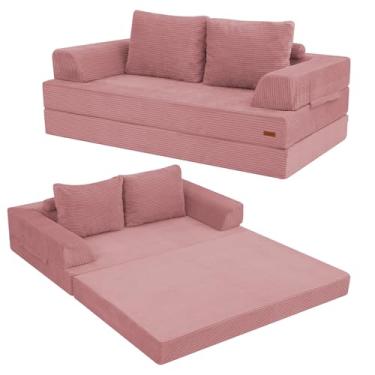 Imagem de COMAX Sofá-cama Futon, sofá-cama dobrável conversível, sofá desossado, sofá de veludo cotelê com travesseiros, pequeno sofá dobrável confortável para sala de estar, quarto, rosa