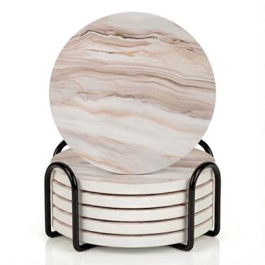 Imagem de VEYRO Conjunto de 6 porta-copos para bebidas – Porta-copos de cerâmica absorvente com suporte de cortiça para mesa de centro e mesa, conjunto de porta-copos moderno com aparência de mármore, presente