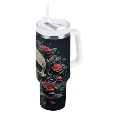 Imagem de SEHANY Copo Skull Gothic de 1,134 g com alça, copo isolado de aço inoxidável de parede dupla, à prova de vazamento, caneca de café isolada para viagem, cabe no suporte de copo de carro