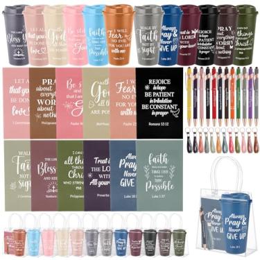 Imagem de Widecook 60 peças de presentes de igreja cristã em massa católica religiosa 473 ml, copos de escritura, versículo bíblico, canetas, cadernos, pulseira, chaveiro com sacos de PVC para mulheres e homens