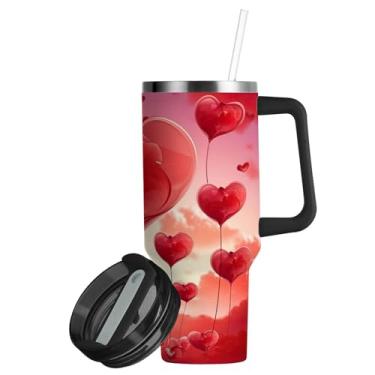 Imagem de ATTX Copo de corações vermelhos de 850 g com alça, copo de aço inoxidável a vácuo de parede dupla com palha, caneca de café de viagem isolada #24