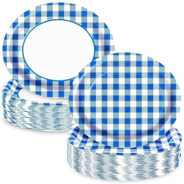 Imagem de EggSun Pratos de papel ovais guingão 25,4 cm x 30,5 cm, grandes descartáveis, resistentes e azuis, pratos de papel xadrez xadrez para aniversário, casamento, chá de bebê, suprimentos para chá de chá,