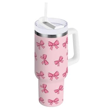 Imagem de SEHANY Copo fofo com laço rosa de 1,134 g com alça, copo isolado de aço inoxidável a vácuo de parede dupla, à prova de vazamento, caneca de café isolada para viagem cabe no suporte de copo de carro