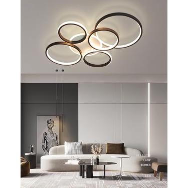 Imagem de Lustre de teto LED moderno com anéis, controle remoto e intensidade de luz ajustável de 3000 a 6000K, ideal para sala de estar, quarto, sala de jantar e escritório (preto, 5+1 anéis).