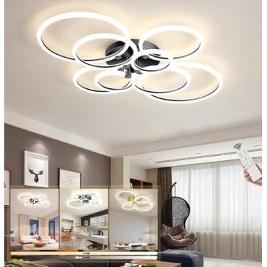 Imagem de Luminária de teto LED moderna e regulável para sala de estar, com controle remoto, formato circular, ideal para quarto, sala de jantar, escritório e cozinha (preta, 8 lâmpadas, 150W).