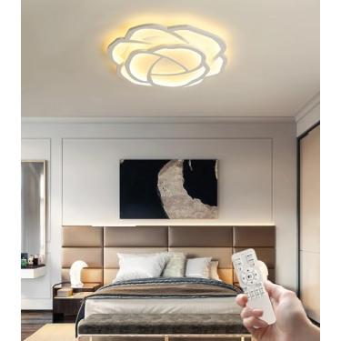 Imagem de Luminária de teto LED moderna com design de rosa branca, 52 cm, dimerizável, com controle remoto, em acrílico, ideal para quarto, sala de jantar e cozinha.