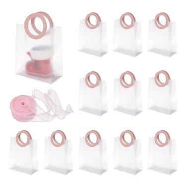 Imagem de PATIKIL Sacos de presente transparentes reutilizáveis com alça e fita, 12 peças de sacolas de plástico para doces e guloseimas para festa de celebração do festival de aniversário de casamento, rosa