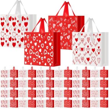 Imagem de Tenceur 48 peças de sacolas de plástico para presente de dia dos namorados com alça vermelha e branca para compras de coração sacos de guloseimas 33 x 25 cm grande bolsa de mercadoria a granel para