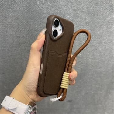 Imagem de Capa protetora estilo carteira com compartimento para cartão, alça de pulso e cordão para iPhone 16/15/14/13/12/11 Pro Max, marrom, para iPhone 15 Plus