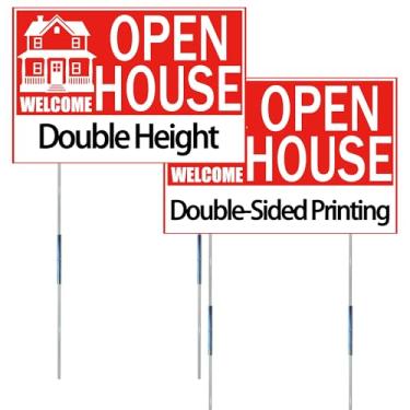 Imagem de Placas de casa aberta de 45 x 30 cm com gráficos atraentes de casa, estacas de altura dupla e impressão frente e verso – Placas de quintal à prova de intempéries com proteção UV para eventos