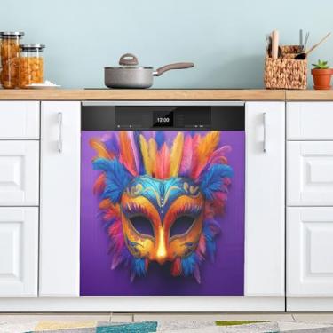 Imagem de ATTX Máscara colorida Mardi Gras capa magnética para lava-louças | Adesivo decorativo de eletrodomésticos de 58 x 66 cm para armários domésticos e eletrodomésticos (141)