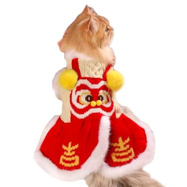 Imagem de SEIS Saia tricotada para gatos de ano novo, roupas de inverno para animais de estimação, fantasia cosplay de cachorro dançante de leão, vestido de gatinho vermelho, adequado para gatos, cães pequenos