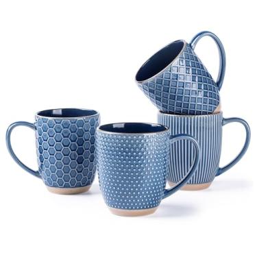 Imagem de GBhome Conjunto de 4 canecas de café grandes, conjunto de 4 canecas de café em relevo feitas à mão com alça grande para cappuccino/latte/chá/cacau quente, lava-louças e micro-ondas, azul