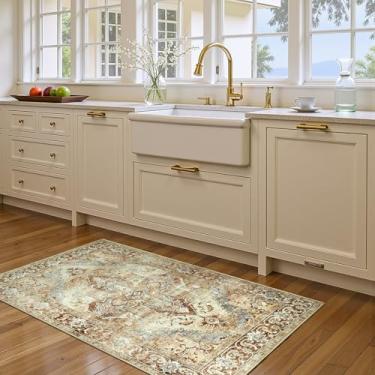 Imagem de jinchan Tapete vintage, tapetes modernos de cozinha 7,5 x 12,7 cm, lavável, antiderrapante, fino, elegante, retrô, leve, para quarto, sala de estar