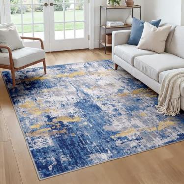 Imagem de RELEANY Tapetes laváveis, quadrados, 1,8 m, antiderrapantes, modernos, abstratos, macios para sala de estar, entrada, quarto, berçário, estampado, cinza, azul, ouro/dourado