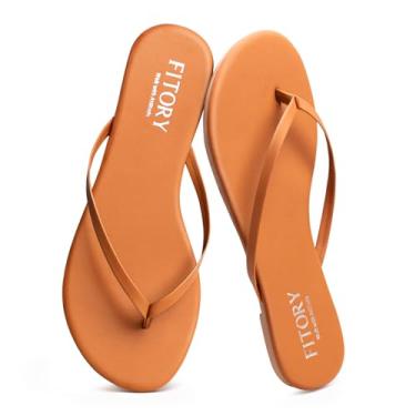 Imagem de FITORY Chinelo feminino, moderno, casual, tanga de caminhada com couro vegano, sandálias planas confortáveis de verão para praia 2026 para ambientes internos e externos, tamanho 6-11, Café, 38