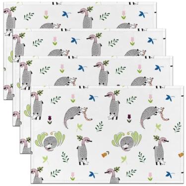 Imagem de Jogo americano de mesa Ogambá conjunto de 4, tapetes de gambá de desenho animado para mesa de cozinha, tapetes laváveis com folhas de flores adequados para restaurante