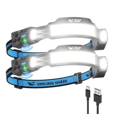 Imagem de Smiling Shark Lanterna de cabeça TS-4, refletor duplo com holofote 4X e lanterna de LED estroboscópica recarregável 2400 mAh de longa duração e sensor de movimento, design mãos livres para acampamento