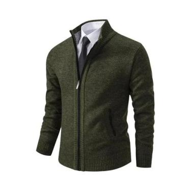 Imagem de Cardigã Masculino De Fleece Quente Com Zíper, Cor Sólida, Gola Alta, C