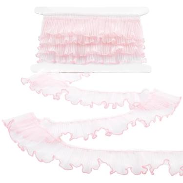 Imagem de FINGERINSPIRE 5 metros de acabamento de renda com babados, 5 cm de largura, fita de renda rosa de poliéster, fita de costura plissada para costura, faça você mesmo, romântico, decorativo, vestido