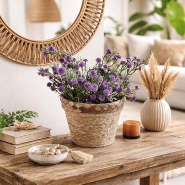 Imagem de Arranjo de Flor Mosquitinho Artificial com Vaso Cachepot Rústico de Palha, Roxo, 34cm