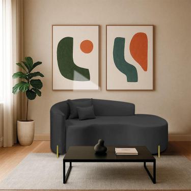 Imagem de Divã Recamier Curvo Sala De Estar Recepção Inglaterra 180cm Pés Metal Dourado Lado Direito Linho Preto