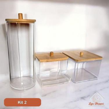 Imagem de Kit Porta Algodão e Cotonetes com Tampa de Bambu Acrílico  Vários Mode