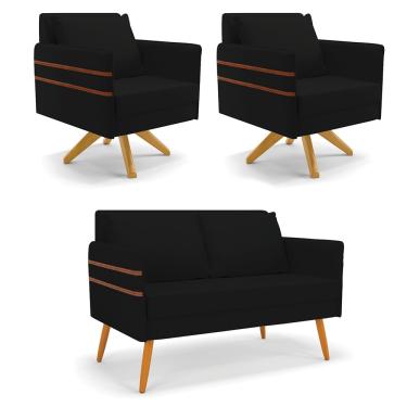 Imagem de Kit 01 Namoradeira 02 Lugares e 02 Poltronas Mari Linho Preto A79 Base de Madeira MA30