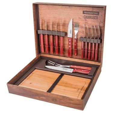 Imagem de Tramontina 21198770 Kit para Churrasco com Lâminas em Aço Inox e Cabos em Madeira Polywood, Conjunto de 15 Peças, Vermelho