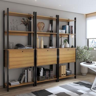 Imagem de Estante para Livros Industrial 3 Portas 9 Prateleiras Marrom/Preto - Panorama Móveis