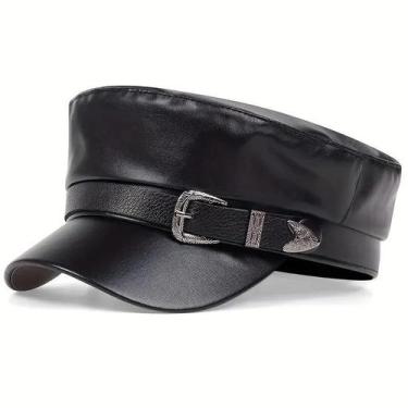 Imagem de Boina de Marinheiro de Couro com Fivela - Chapéu Preto para Homens e M