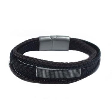 Imagem de Bracelete 20cm Couro Tiras Trançadas Preto/marrom E Placa - Rosso