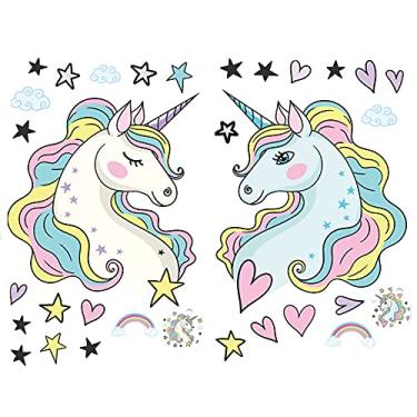 Imagem de WSWJDW Decoração de parede de unicórnio de tamanho grande, adesivos de parede de unicórnio removíveis decoração de adesivos para crianças Gilrs quarto berçário favor de festa de aniversário, 2 peças